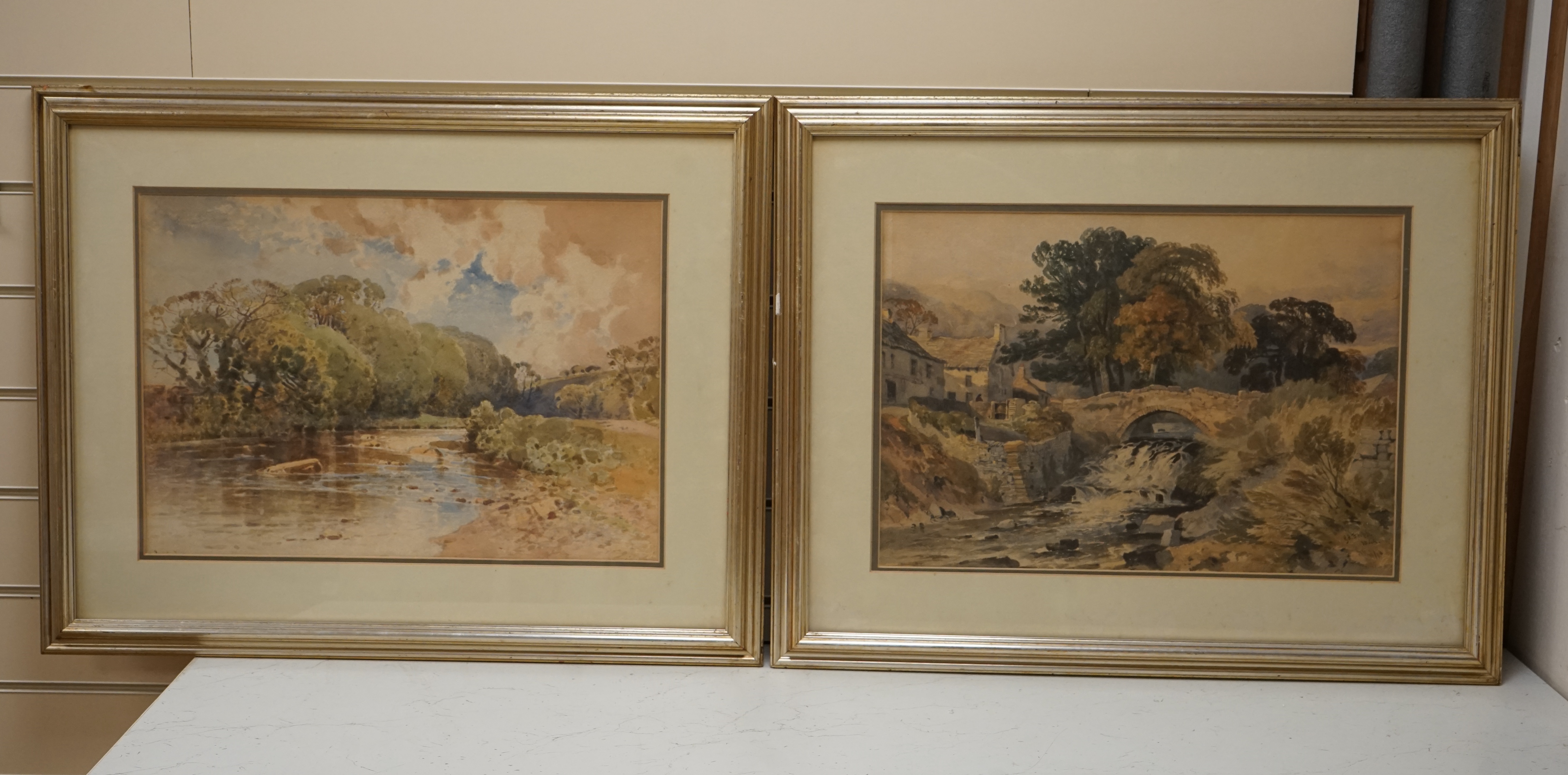 George Arthur Fripp RWS (1813-1896), watercolour, Waterfall beneath a bridge, signed and dated 1844, together with another watercolour, River landscape, indistinctly signed lower left, partially obscured by the mount, 33